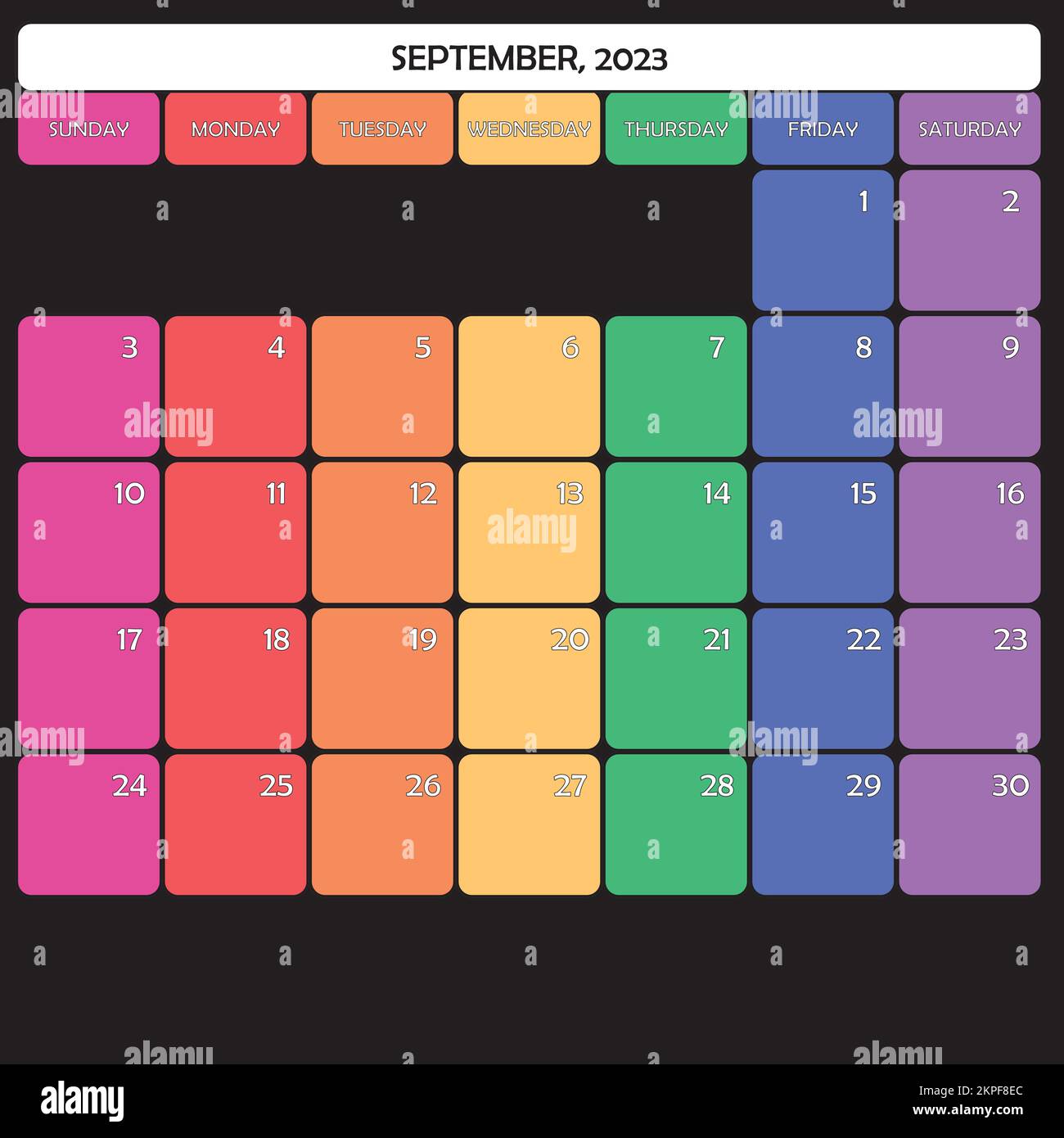 September 2023 Planer Kalender großer bearbeitbarer Raum Farbtag Stock Vektor