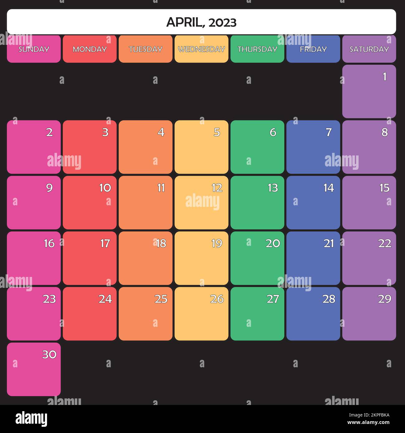 April 2023 Planer Kalender großer bearbeitbarer Raum Farbtag Stock Vektor