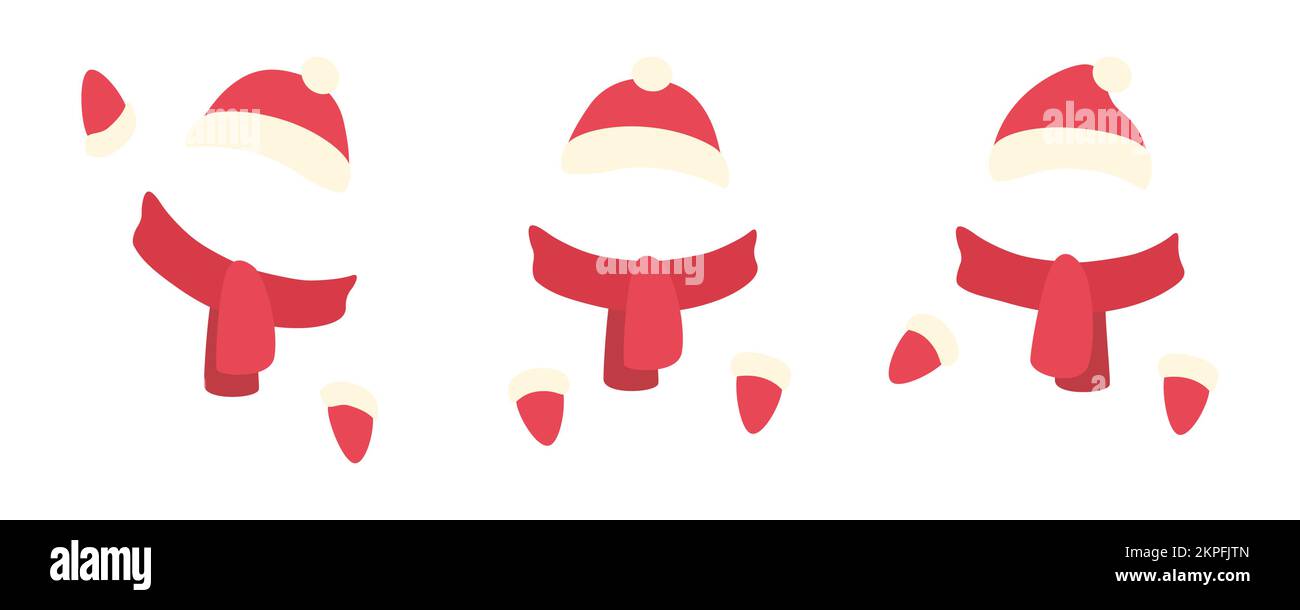 Set aus Mütze, Schal und Fäustlingen. Rote Weihnachtsmann gestrickte Wollkleidung. Vektorgrafik isoliert auf weißem Hintergrund Stock Vektor