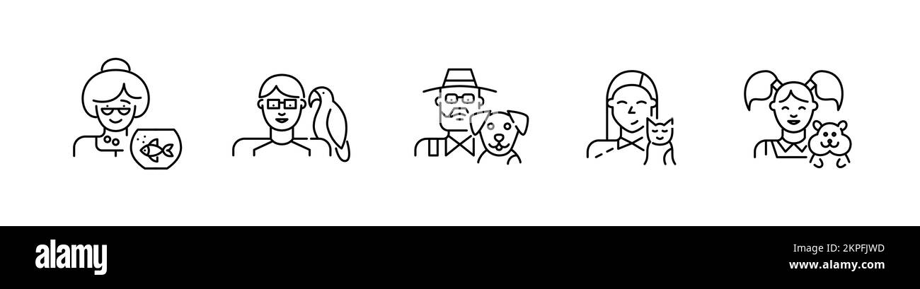 Tierbesitzer unterschiedlichen Alters mit Vögeln, Hamstern, Fischen, Katzen und Hunden. Pixelgenaue, bearbeitbare Kontur Stock Vektor