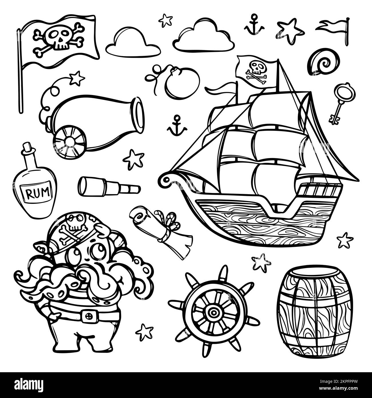 TINTENFISCH PIRAT UND MIT Schädelflagge auf Mast monochrom handgezeichnete Cartoon Clipart Sea Attributes and Objects Vector Illustration Set für Design an Stock Vektor