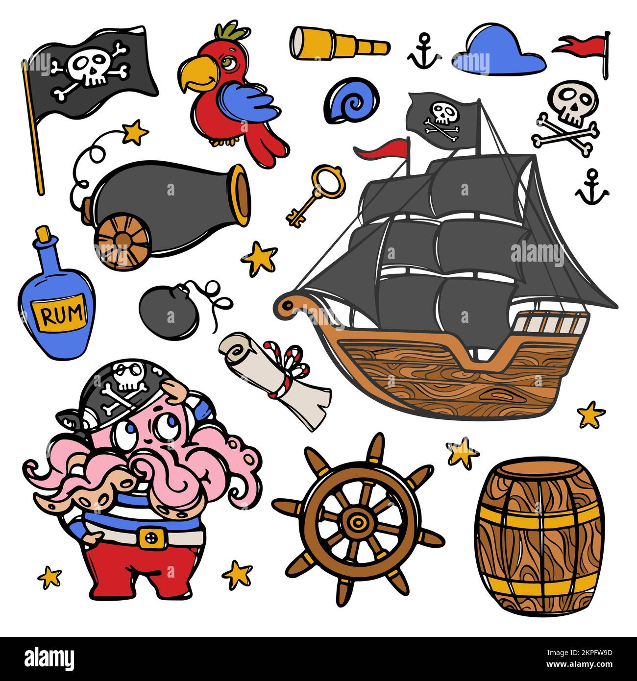 TINTENFISCH-PIRAT und Segelboot mit schwarzen Segeln und Schädelflagge auf Mast Handgezeichnete Cartoon Clipart Sea Attributes and Objects Vector Illustration Set für Stock Vektor