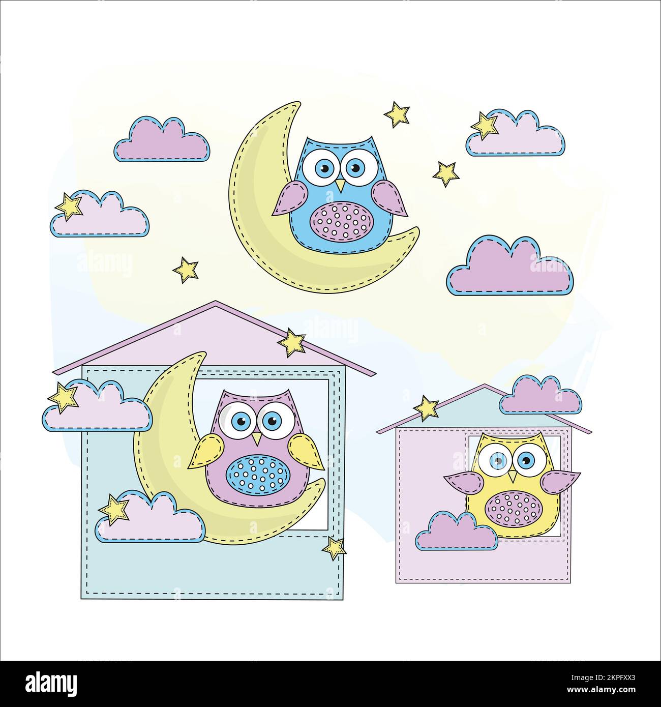 EULENNACHTVOGEL zu Hause und auf dem Mond Cartoon Filzimitation Clip Art Vector Illustration Set für Print Stock Vektor