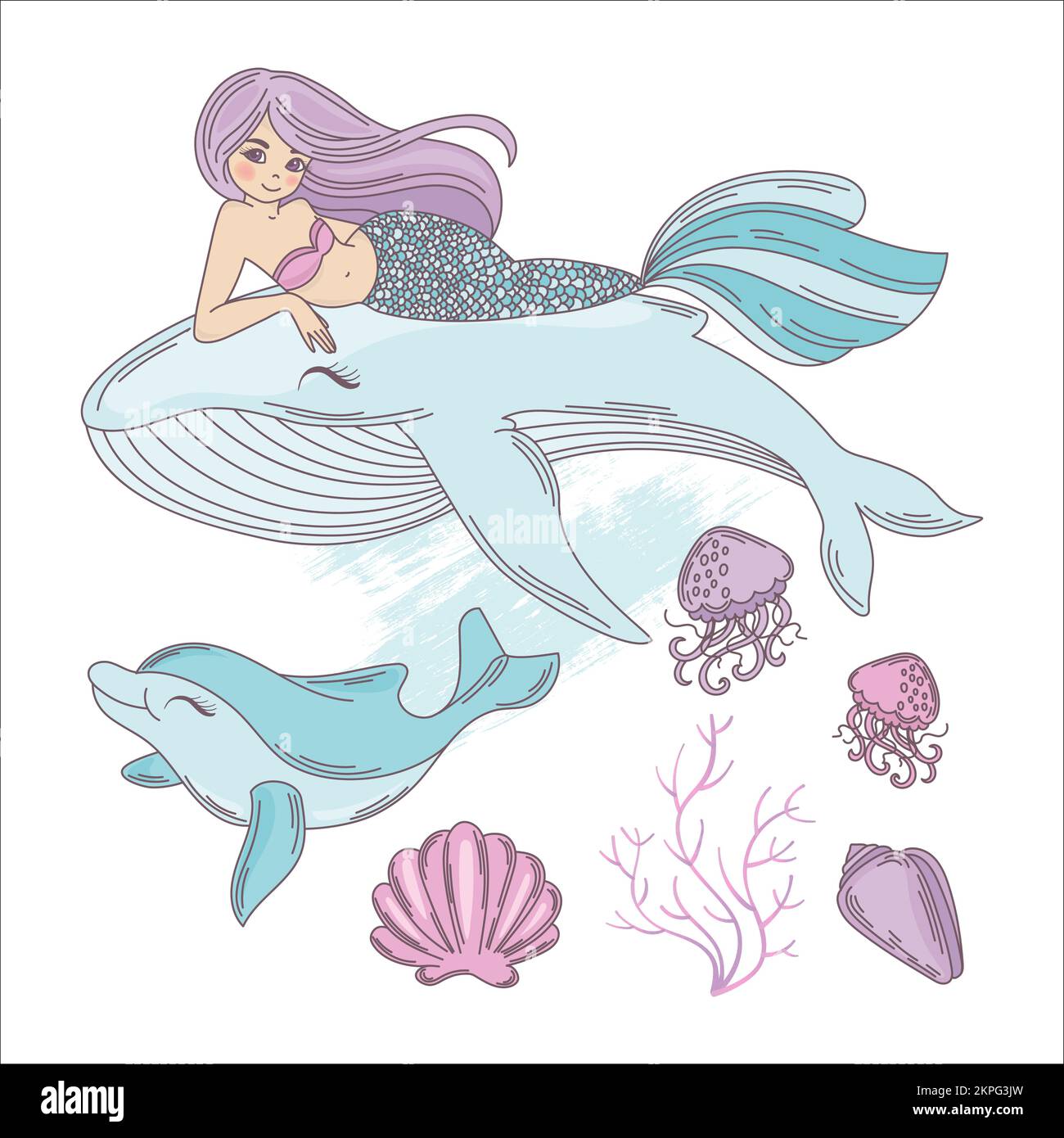 UNTERWASSERWELT die langhaarige Prinzessin Meerjungfrau liegt auf Einem Wal und Ein Delfin und eine Qualle schwimmen in der Nähe Cartoon Clip Art Vector Illustration Set Stock Vektor