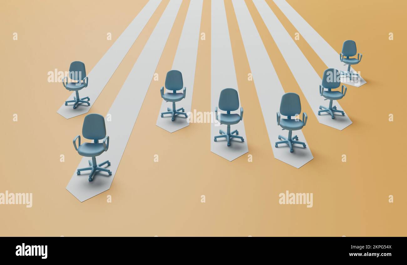 Business Leadership-Konzept. Bürostühle auf einem Pfeilpfad mit einem voraus. Karriereentwicklung. 3D-Rendering Stockfoto