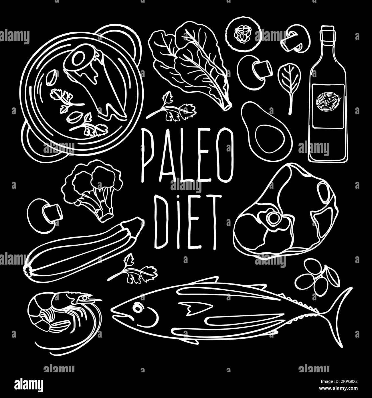PALEO SCHWARZ gesundes Lebensmittel Low Carb Diet richtige Ernährung Monochrome Clip Art Cartoon Vector Illustration Set für Druck Stock Vektor
