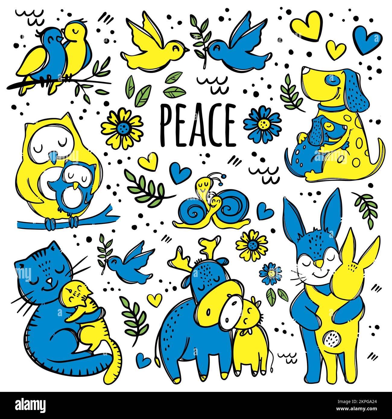 FRIEDEN UND TIERE Süße Schnecke Kuhhhund Katze Hase Eule Vogel umarmt seine Kinder Cartoon Abstract Yellow Blue natürliche Hand gezeichnet auf weißem Hintergrund Vektor Stock Vektor