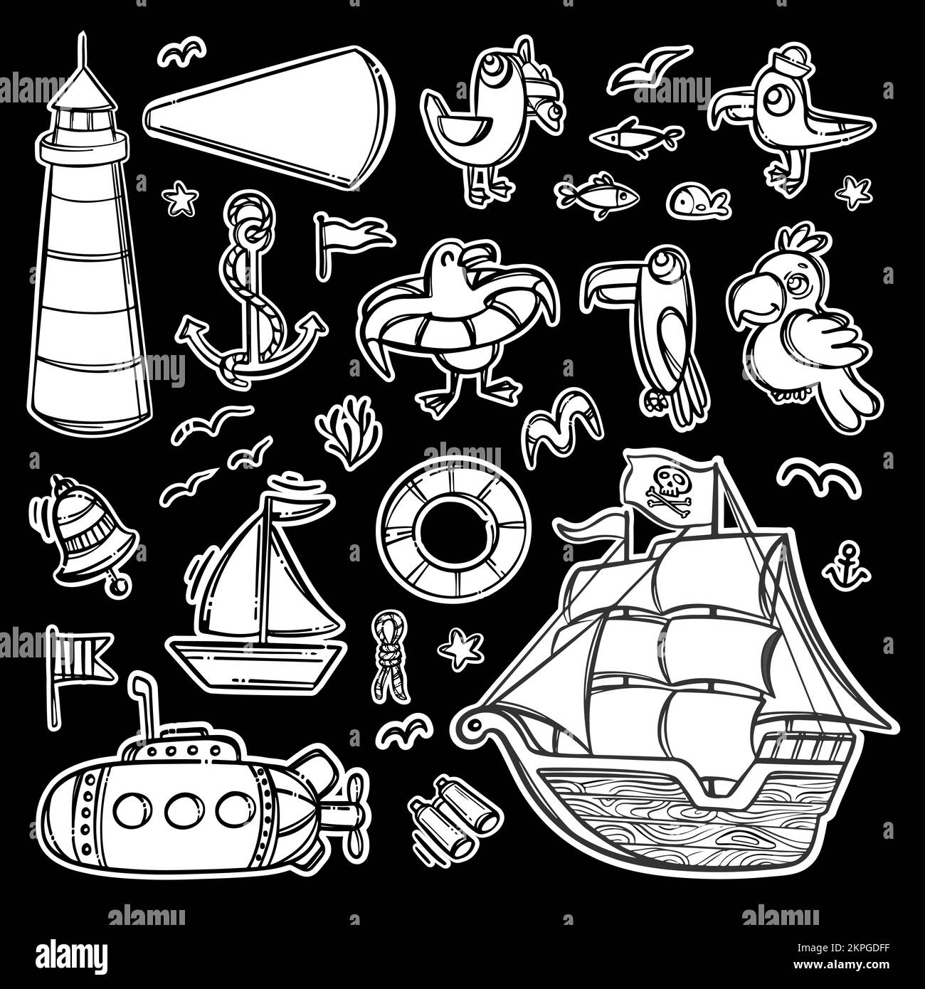 PIRATENAUFKLEBER Nautisches Thema Monochrom handgezeichneter Cartoon Travel Clipart Label Sea Vector Illustration auf schwarzem Hintergrund zum Drucken und Ausschneiden Stock Vektor