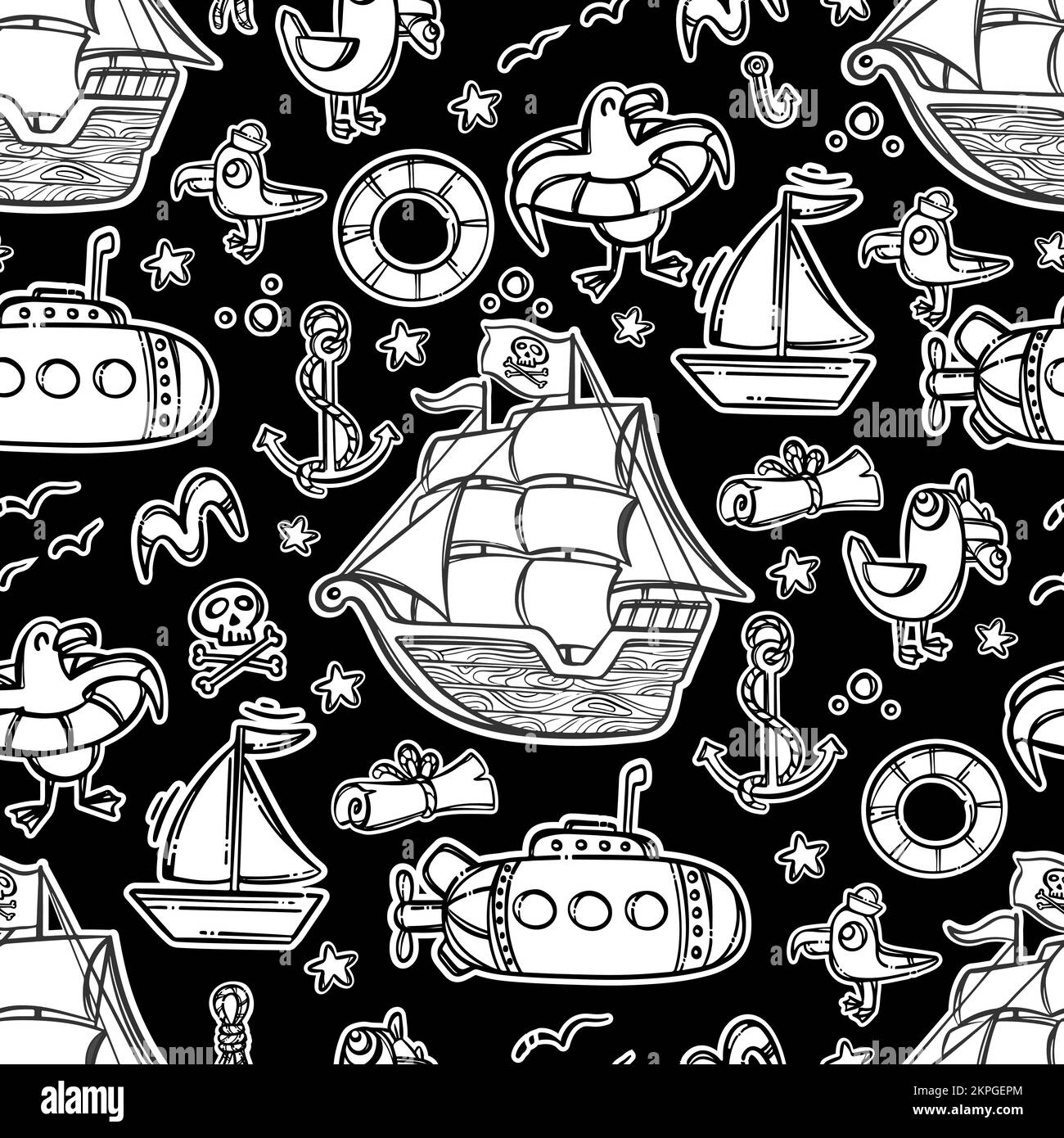 PIRATENSCHIFF MONOCHROM Cartoon handgezeichnetes Bild Seamless Pattern Vector Illustration auf schwarzem Hintergrund mit verschiedenen Meeresattributen Märchen für Stock Vektor