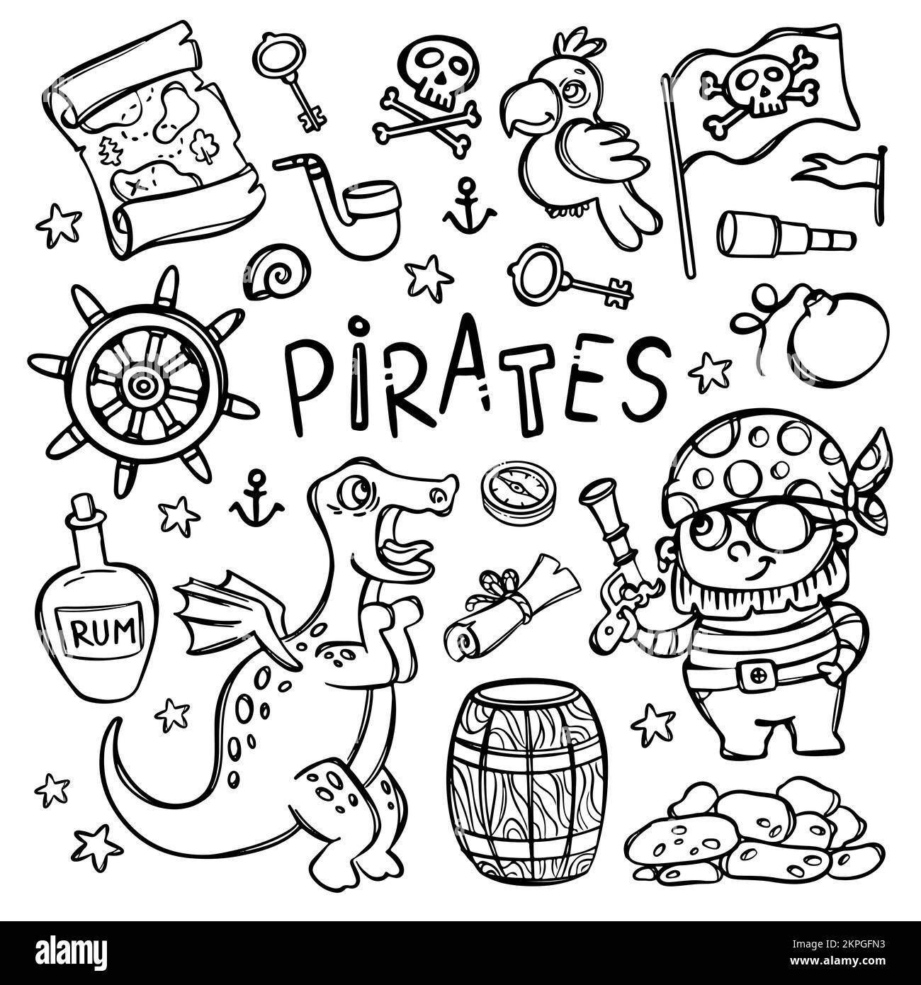 PIRATEN- UND DINO-Flagge mit Schwarzweiß-Cartoon-Clipart-Seegrenzen und Objekten mit handgezeichneter Textvektorabbildung für Prin Stock Vektor