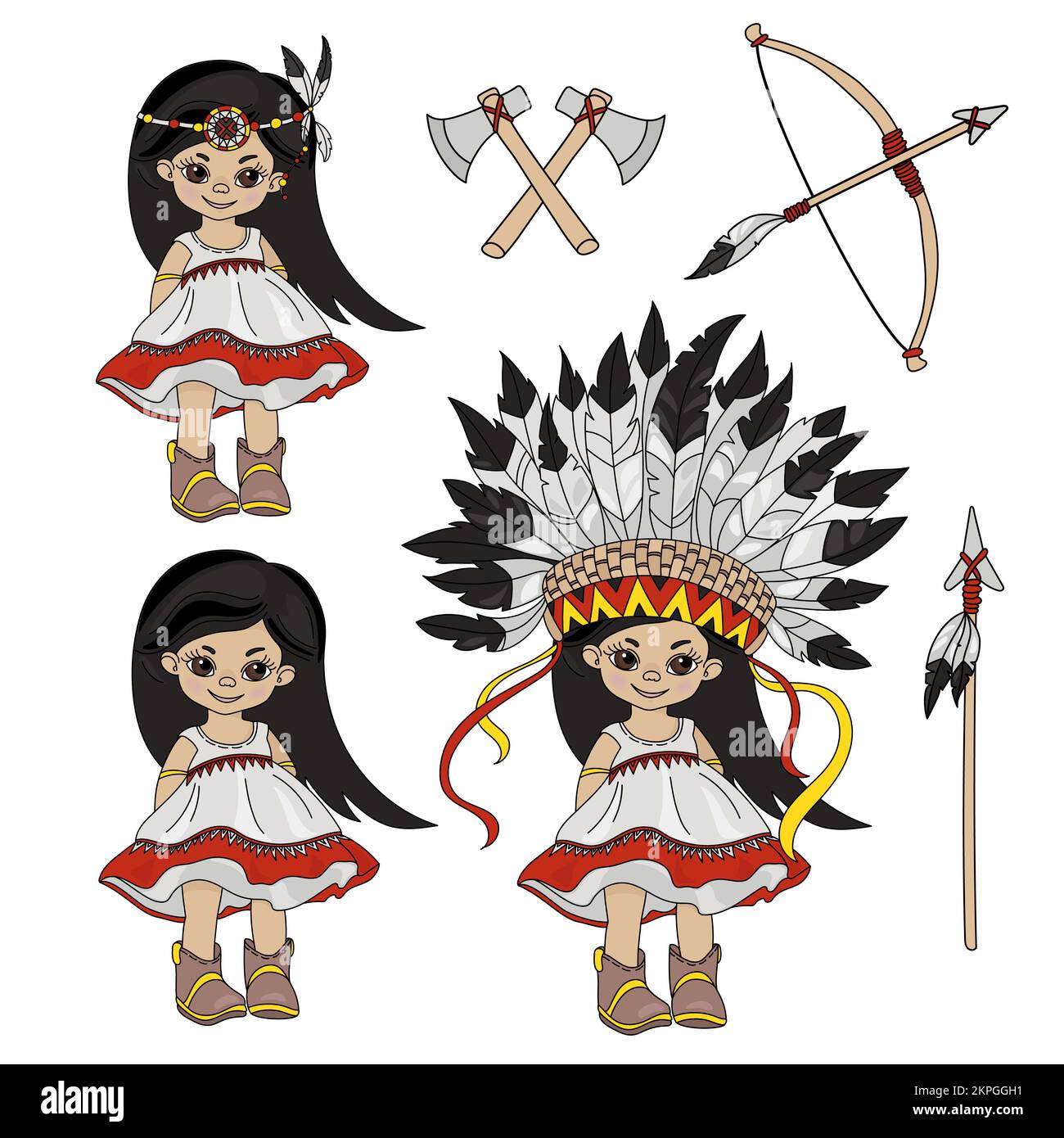 POCAHONTAS HOLIDAY langhaarige Prinzessin Girl in Feather Kopfschmuck amerikanische Ureinwohner Cartoon Clip Art Vector Illustration Set für Print Stock Vektor