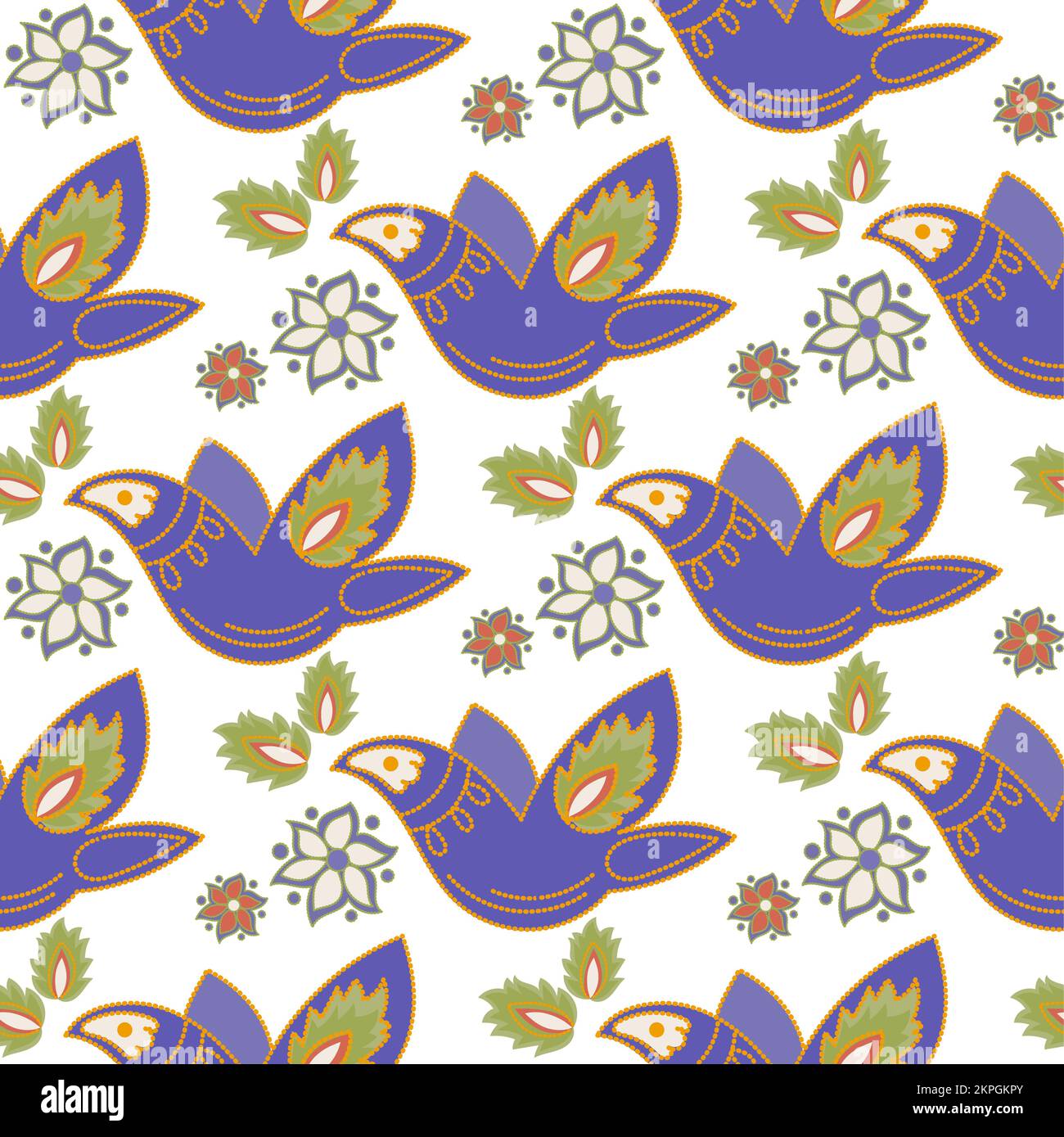 PURPLE BIRDS Oriental Tatar Ornament mit Blättern abstrakte weiße Blumen und blaue Vögel auf weißem Hintergrund Cartoon Seamless Pattern Vector Illustratio Stock Vektor