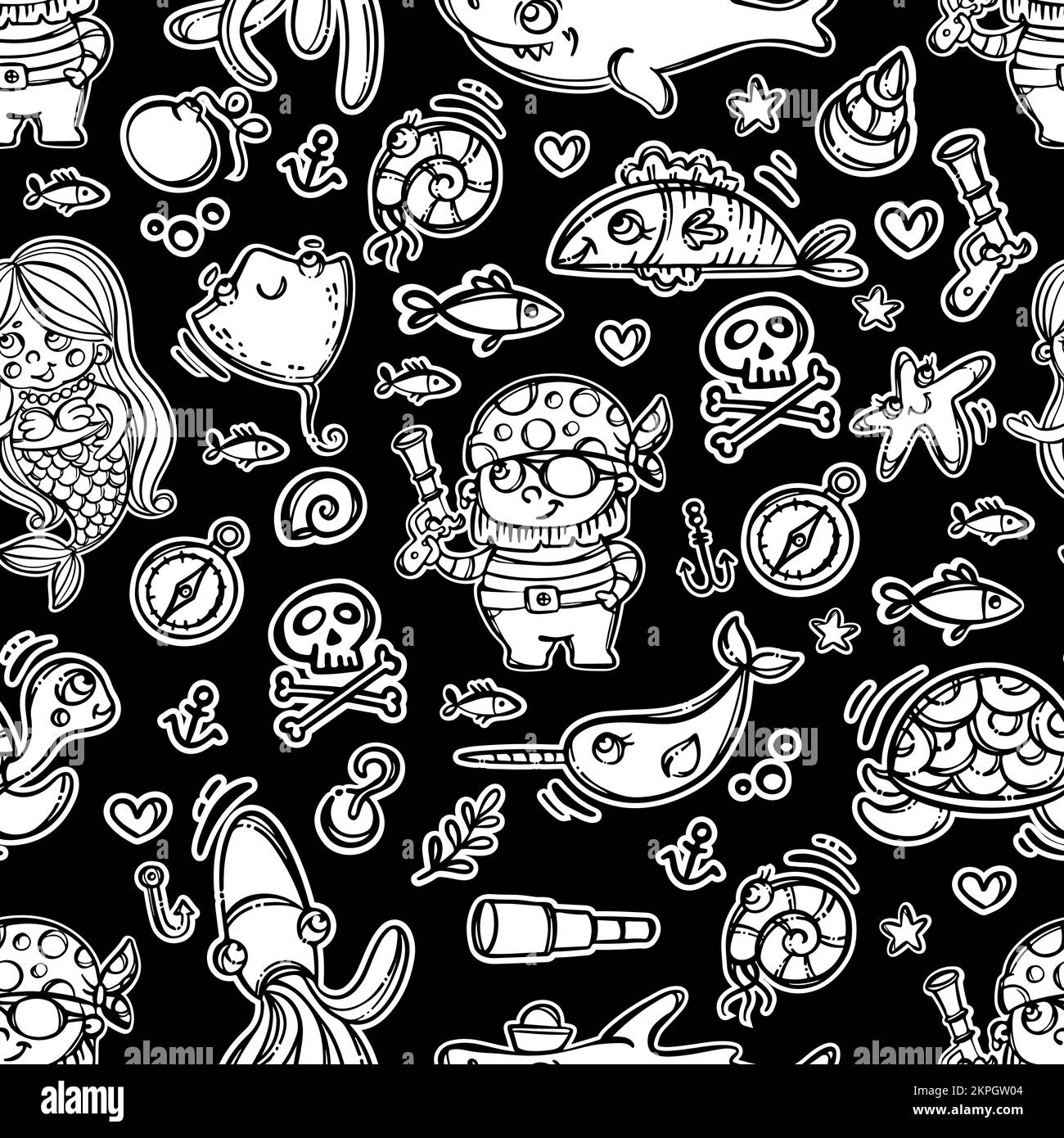 SCHWARZWEISS-Cartoon MIT PIRATEN UND MEERJUNGFRAUEN, handgezeichnet, nahtlose Muster, Vektordarstellung auf schwarzem Hintergrund mit „Sea Persons and Animals Fairy T“ Stock Vektor