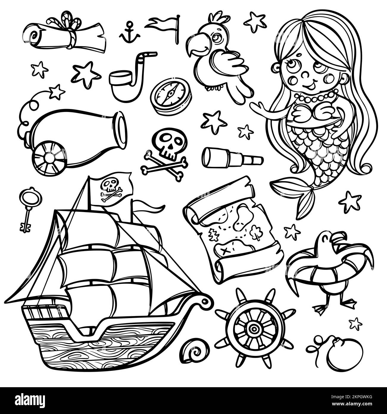 PIRATENSCHIFF UND MEERJUNGFRAU, monochrom, mit Schädelflagge auf Mast, handgezeichneter Cartoon Clipart Sea Attributes and Objects Vector Illustration Set für Design an Stock Vektor
