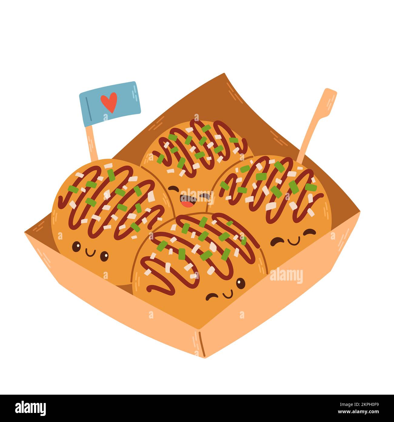 Takoyaki-Vektor-asiatisches Essen. Süßes Takoyaki auf weißem Hintergrund. Geben Sie Platz für Text frei. Stock Vektor