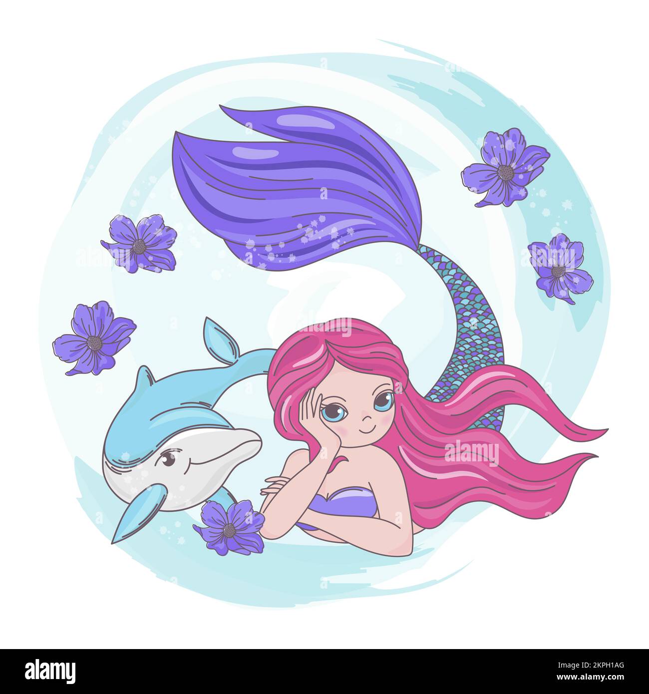 RUHENDE MEERJUNGFRAU Unterwasser Rosa-haarige Prinzessin mit Dolphin Sea Ocean Cruise Reise tropische Cartoon Clip Art Vektor-Illustration Set zum Drucken Stock Vektor