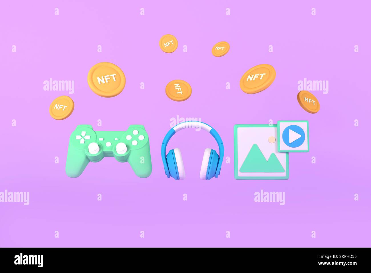 NFT - nicht fungibles Token. Digitale Elemente: Musik, Bild, Video, Spielsymbole. Minimales Design, 3D-Rendering. Digitales Kunstkonzept Stockfoto