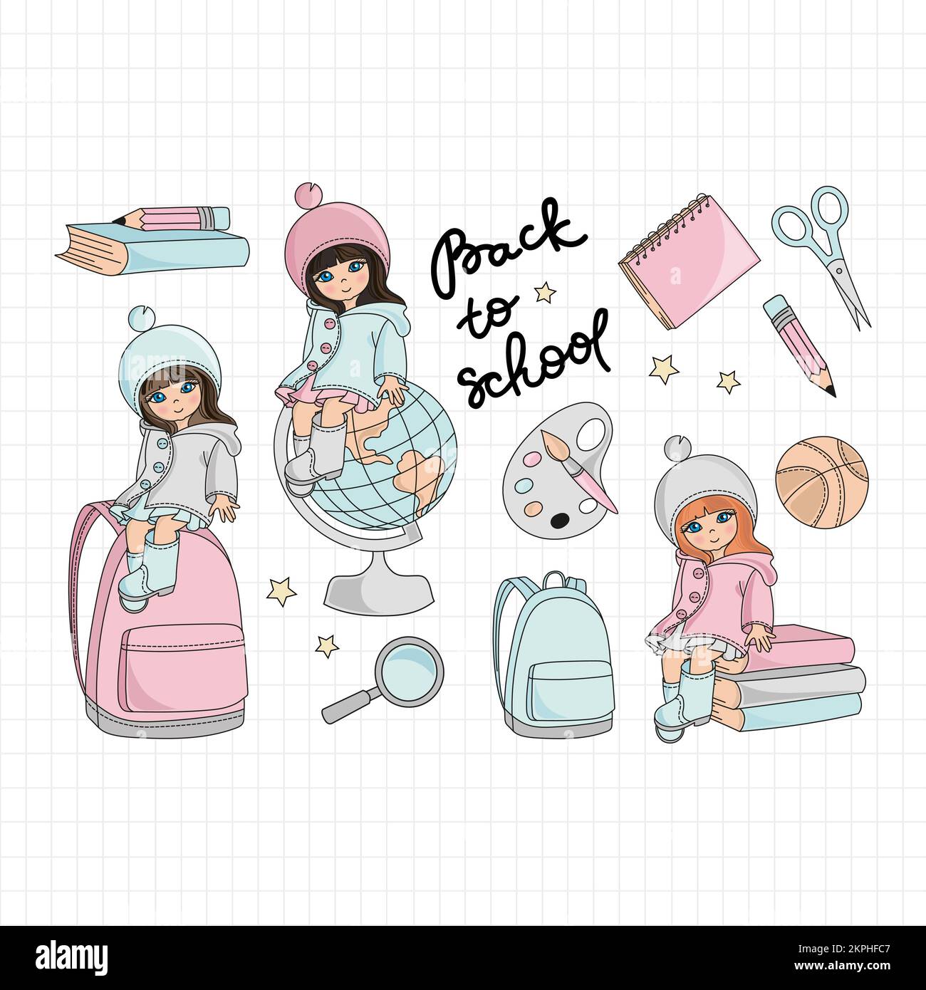 SCHULZEIT Teaching Girls Education and Student Class Zubehör Handschrift Text Cartoon Clip Art Vector Illustration Set zum Drucken Stock Vektor