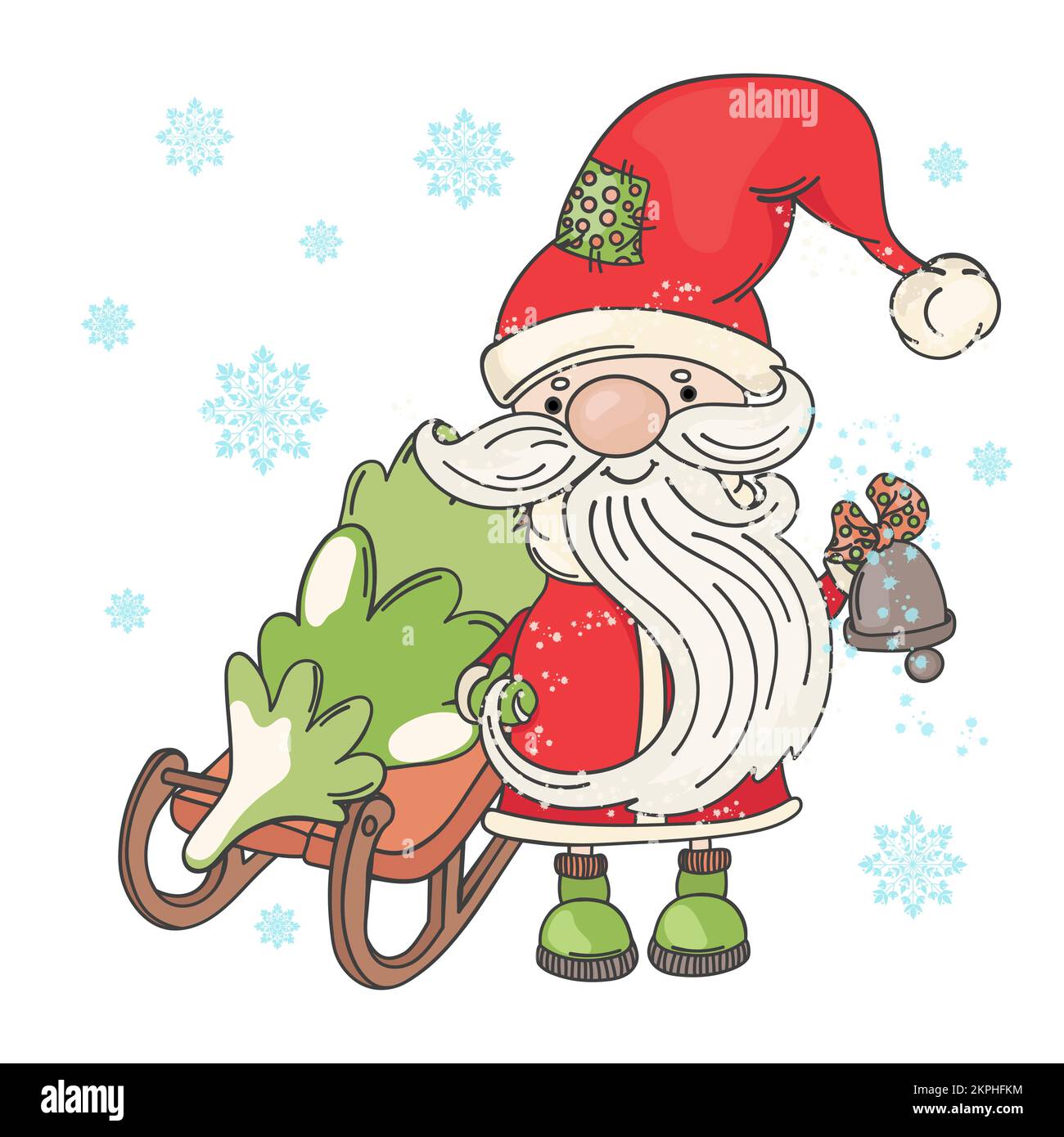 SANTA SLED Weihnachtsmann läutet Glocke neben Schlitten, wo der Weihnachtsbaum liegt Neujahr Cartoon Holiday Clip Art Vector Illustration Set zum Drucken Stock Vektor