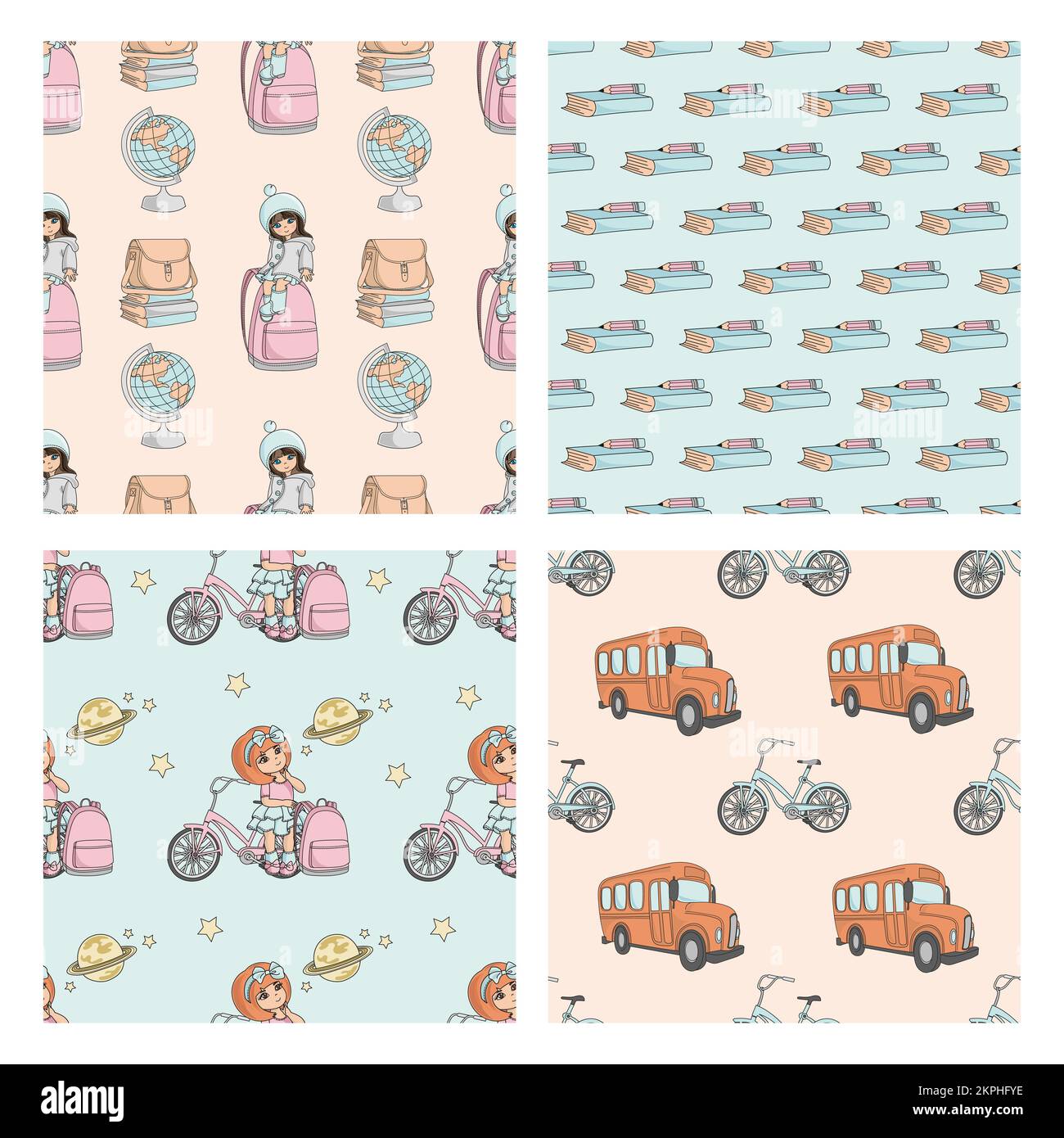 SCHULSET Bildungszubehör Mädchen Schulbus Schulbus Globe Schultasche Fahrrad Nahtloses Muster Cartoon Vektor-Illustration Set zum Drucken Stock Vektor