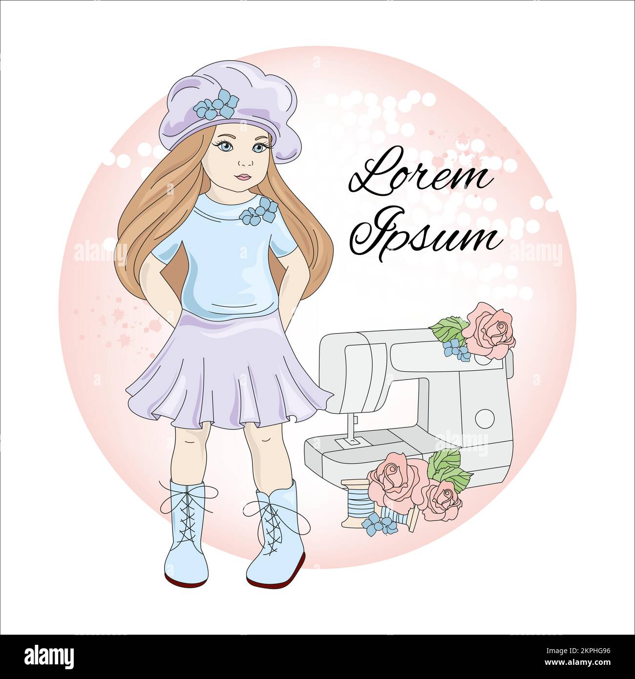 NÄHMÄDCHEN, langhaarige Kindergarderobe und Nähmaschine, dekoriert mit Rosen, Cartoon, Clip Art, Vektorgrafik, bedrucktes Set Stock Vektor