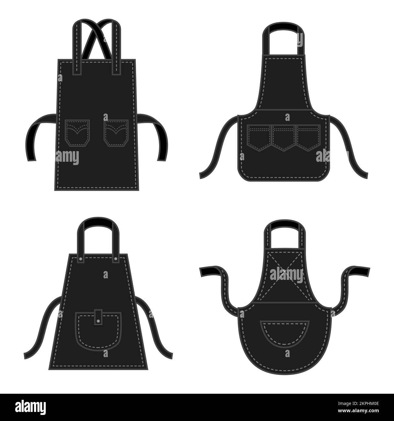 Schwarze Küchenschürzen in verschiedenen Formen mit Taschen. Professionelle Uniform für den Koch. Schutzzubehör für Restaurants oder Cafés. Baumwollkartoo Stock Vektor