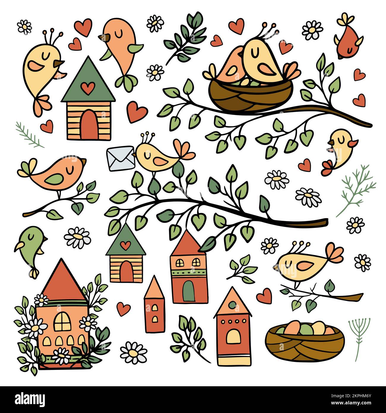 FRÜHLINGSSTIMMUNG VON VÖGELN, die Nester machen Blühende Natur Merry Houses Blumen und Blüten Pflanzen und Zweige Cartoon Clip Art Vector Illustration Set für PR Stock Vektor