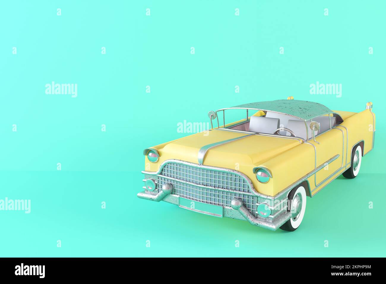 Gelbes Spielzeugauto im Vintage-Look auf grünem Hintergrund 3D-Abbildung. Maßstabsgetreues Modell eines Retro-Autos in alten grünen und gelben Farben. Klassisches, seltenes Auto. Stilisiertes Spielzeug Stockfoto