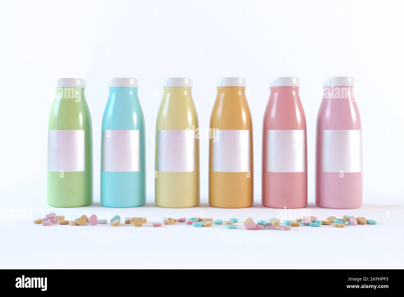 3D realistisches Flaschenmodell – sechs Flaschen für Saft, Wasser oder Milch. Leeres Label. 3D-Darstellung von farbenfrohen Kunststoffflaschen in niedlichen Pastelltönen Stockfoto