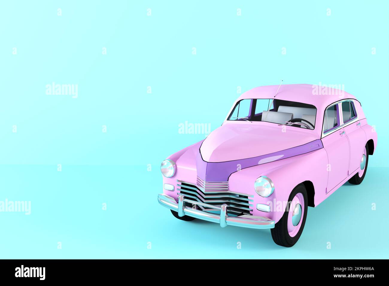 Vintage-Spielzeugauto in Lila auf blauem Hintergrund 3D-Abbildung. Maßstabsgetreues Modell eines Retro-Autos in hellen Pastellfarben. Klassisches, seltenes Auto. Stilisiertes Spielzeug Stockfoto