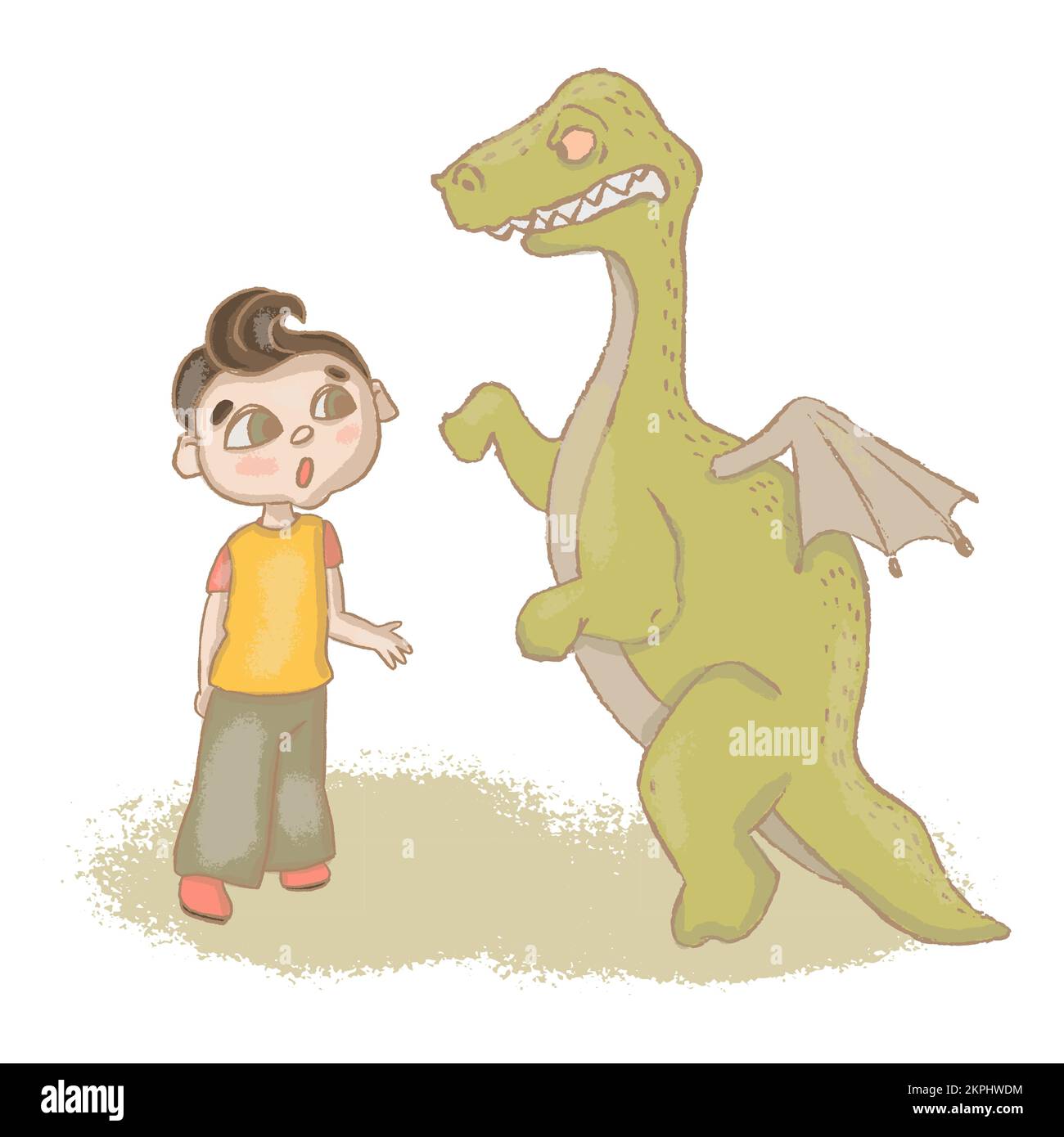 WHATS UP Boy und Dinosaurier sprechendes Bild im Grunge-Stil Handgezeichnete emotionale Charaktere Cartoon Clip Art Vektorabbildung für Print Stock Vektor