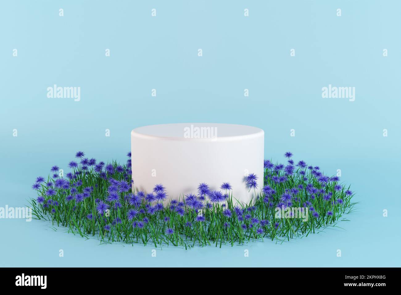Produktbühne Blumenkreis. Weißes Marmorzylinder-Podium mit unscharfem Hintergrund. Einrichtung mit blauen Blumen und grünen Blättern. Szenenmodell Stockfoto
