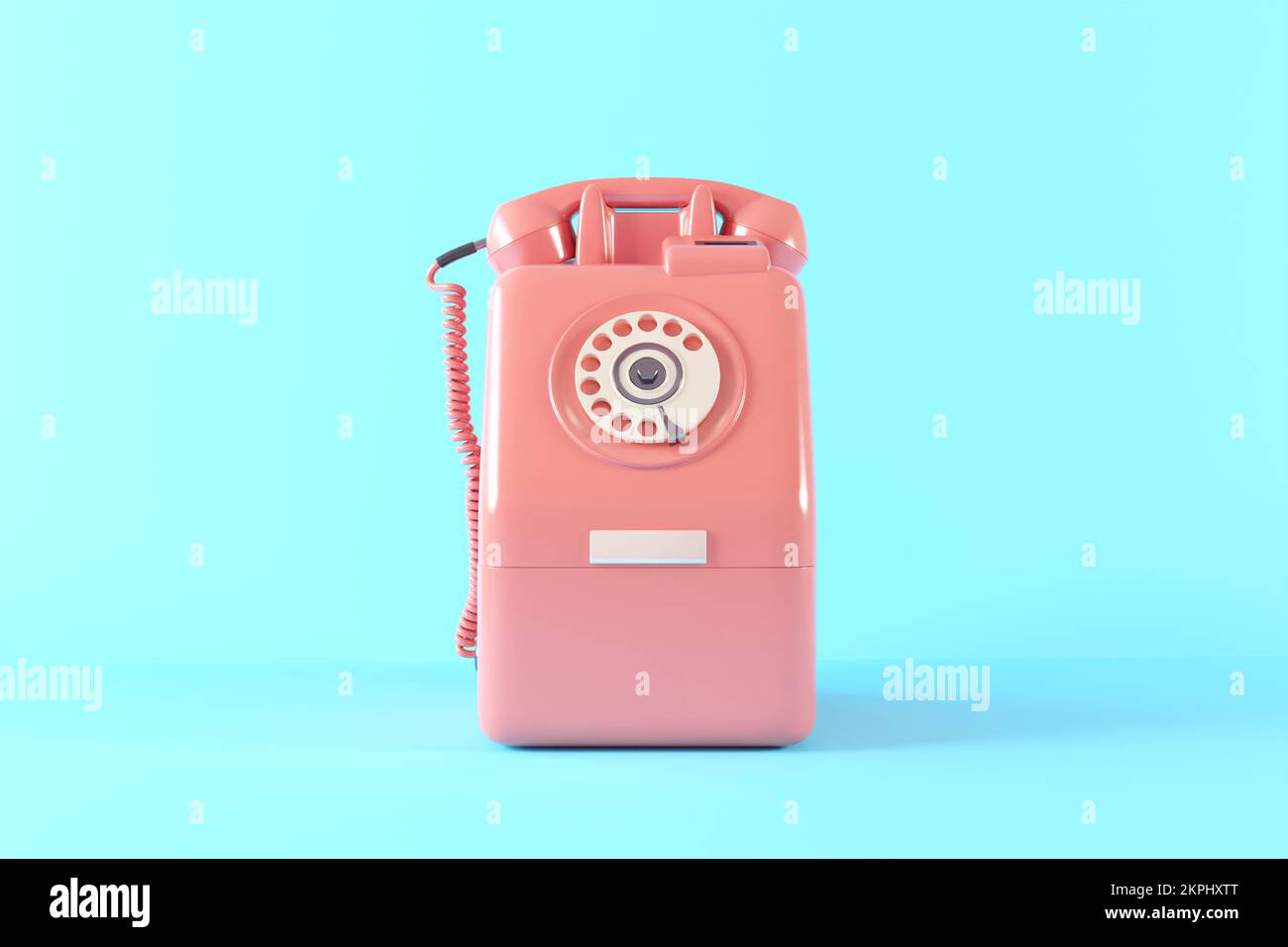 Alte Telefone sind minimal isoliert. Pastellfarben, pastellfarbenes Telefon im Plastikstil. Retro-Telefon realistische 3D-Wiedergabe. Rosafarbenes Telefon, Vorderansicht Stockfoto