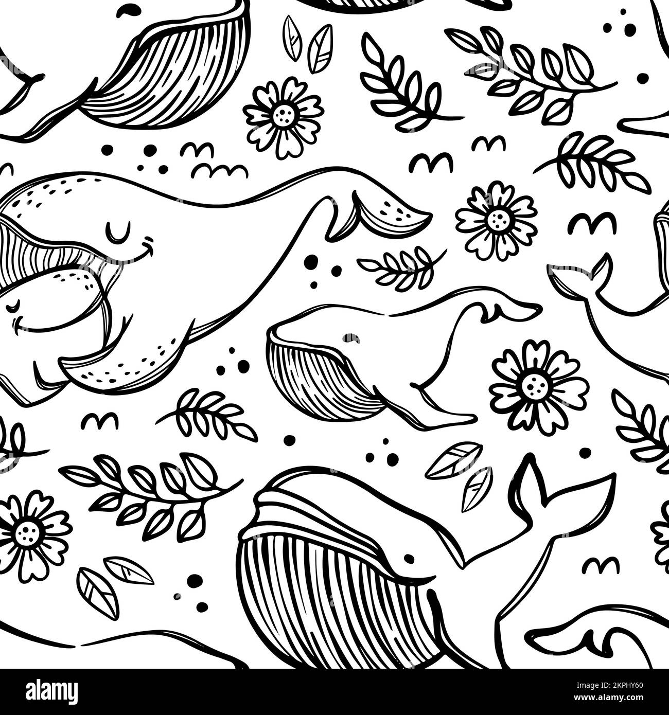 WALE IN SKIZZE Mutter Hugs Tochter Elternbeziehung Süße Tiere Muttertag Monochrom Cartoon Hand Draw Seamless Pattern Vector Illustration Stock Vektor