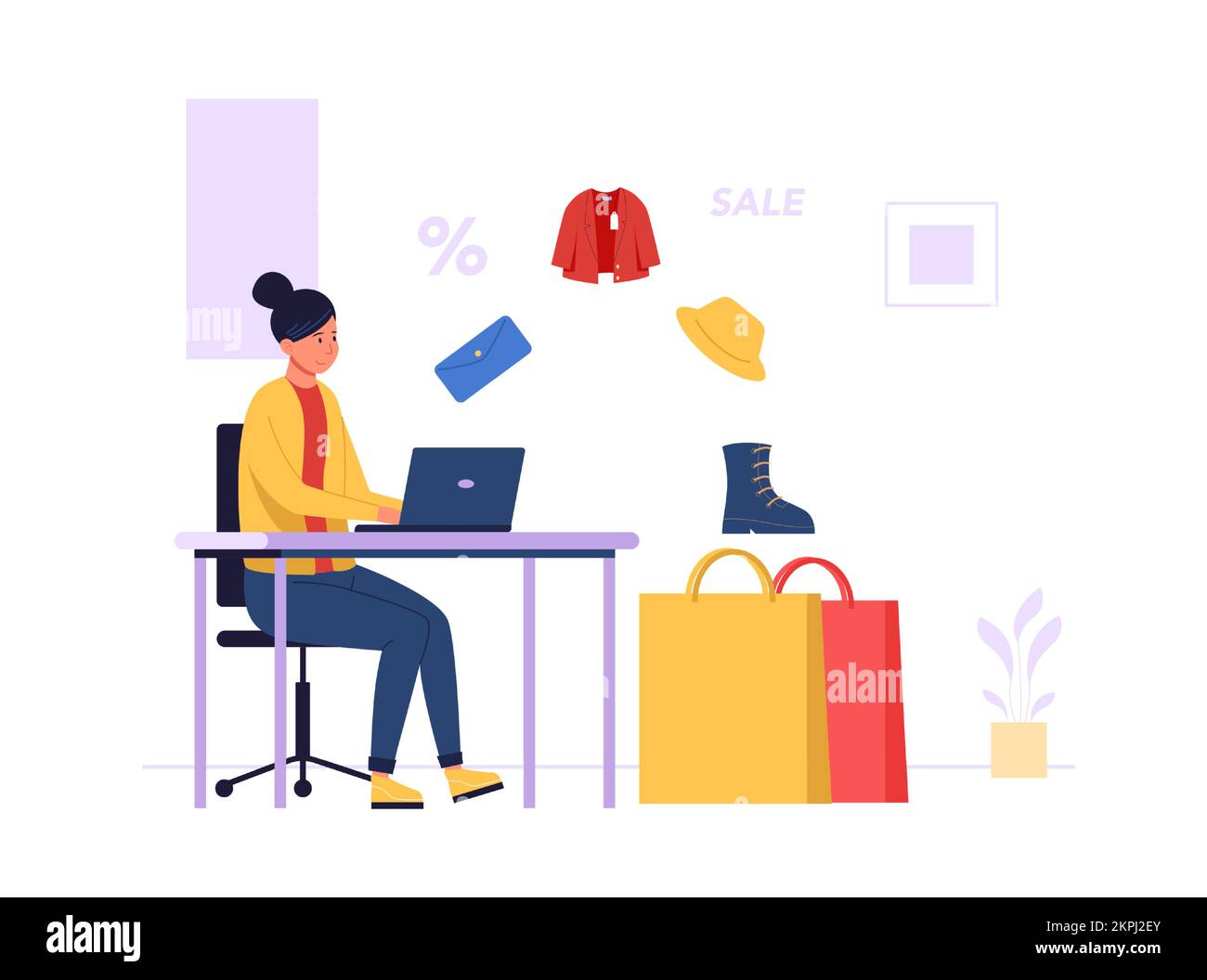 Online-Shopping. Eine Frau sitzt mit einem Laptop am Schreibtisch und kauft verschiedene Waren. Brieftasche, Jacke, Stiefel und Hut für weibliche Figuren im Angebot und in der Werbung Stock Vektor