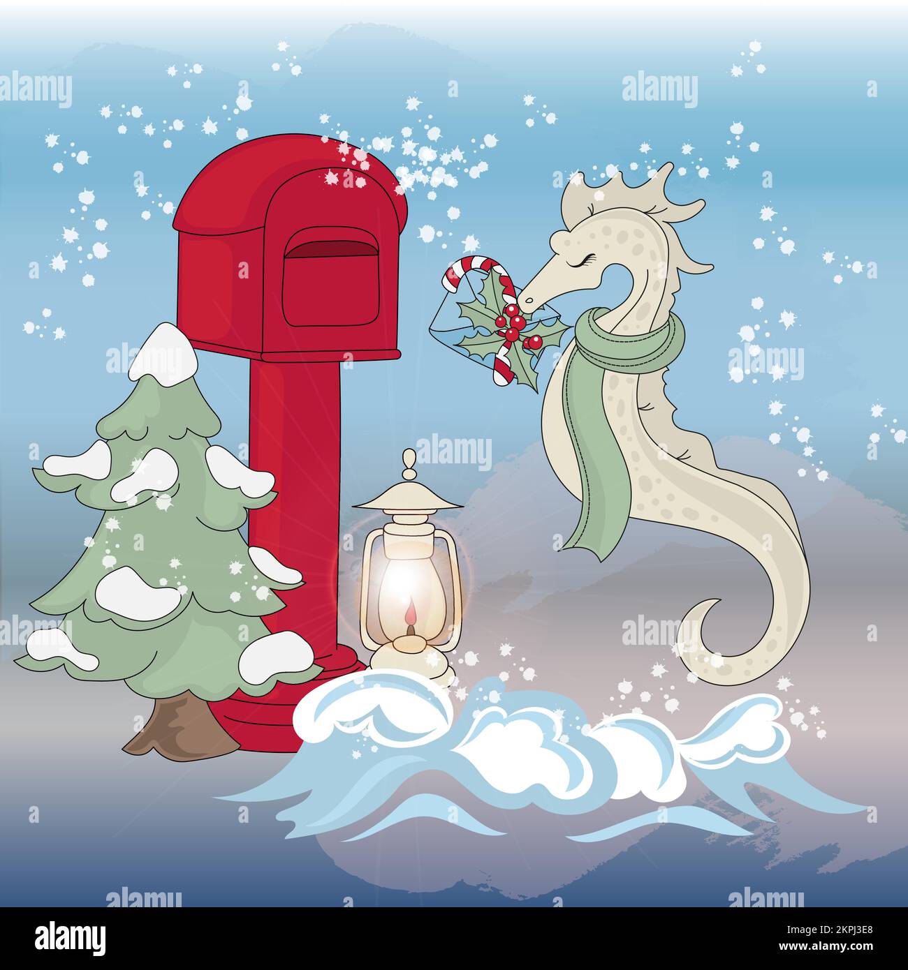 SEEPFERDCHEN-POST Unterwasser Ozeantier wirft einen Grußbrief in Einen Briefkasten Frohe Weihnachten Neujahr Cartoon Clip Art Vector Illustration Set Fo Stock Vektor