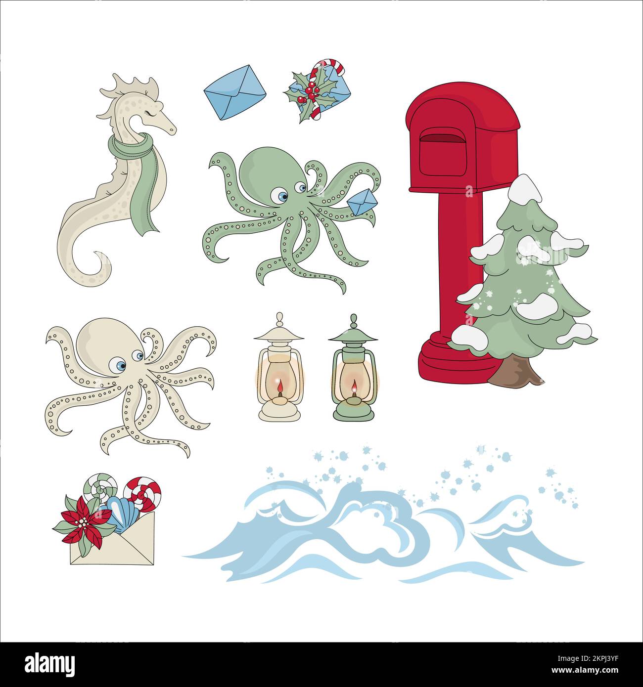 SEA MAIL Octopus Trops Gratulatory Letter in Mailbox Ocean Underwater Animals Frohe Weihnachten Neujahr Cartoon Clip Art Vector Illustration Set für Stock Vektor