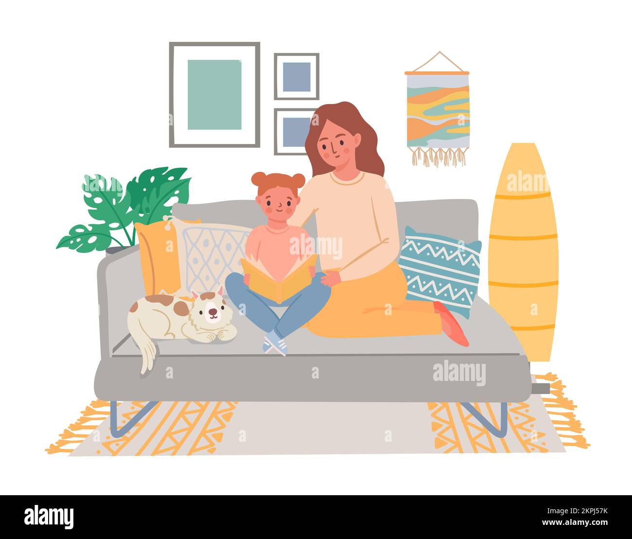 Mutter mit Baby liest Buch. Mom und Tochter sitzen auf dem Sofa und lernen zu lesen. Cartoon-Eltern und -Kinder verbringen ihre Freizeit zusammen im Wohnzimmerzimmer Stock Vektor