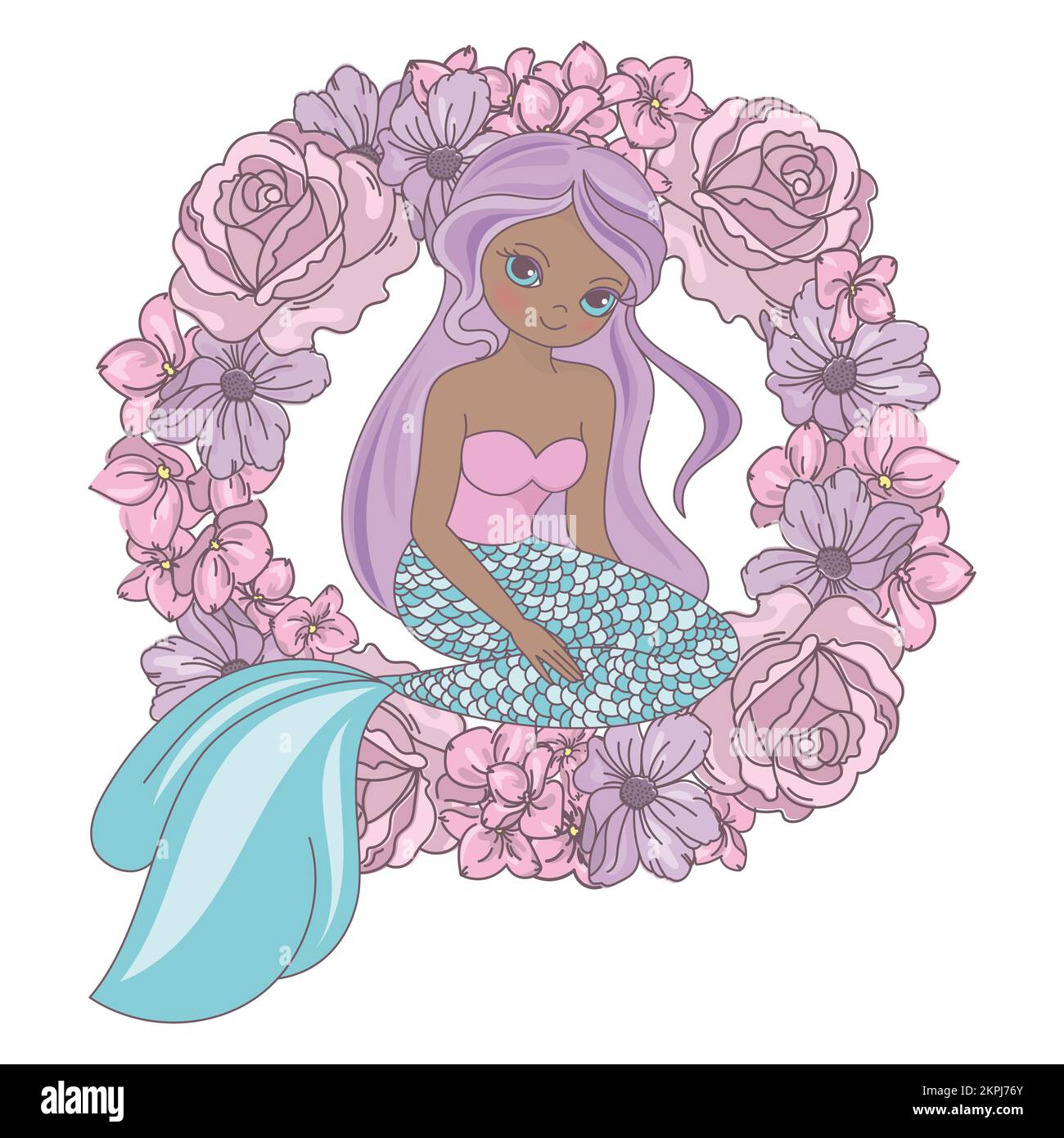 SÜSSE TRÄUME lang haarige, dunkle Meerjungfrau Prinzessin sitzt in Einem Kranz aus rosafarbenen Blumen Cartoon Clip Art Vector Illustration Set für Print Stock Vektor