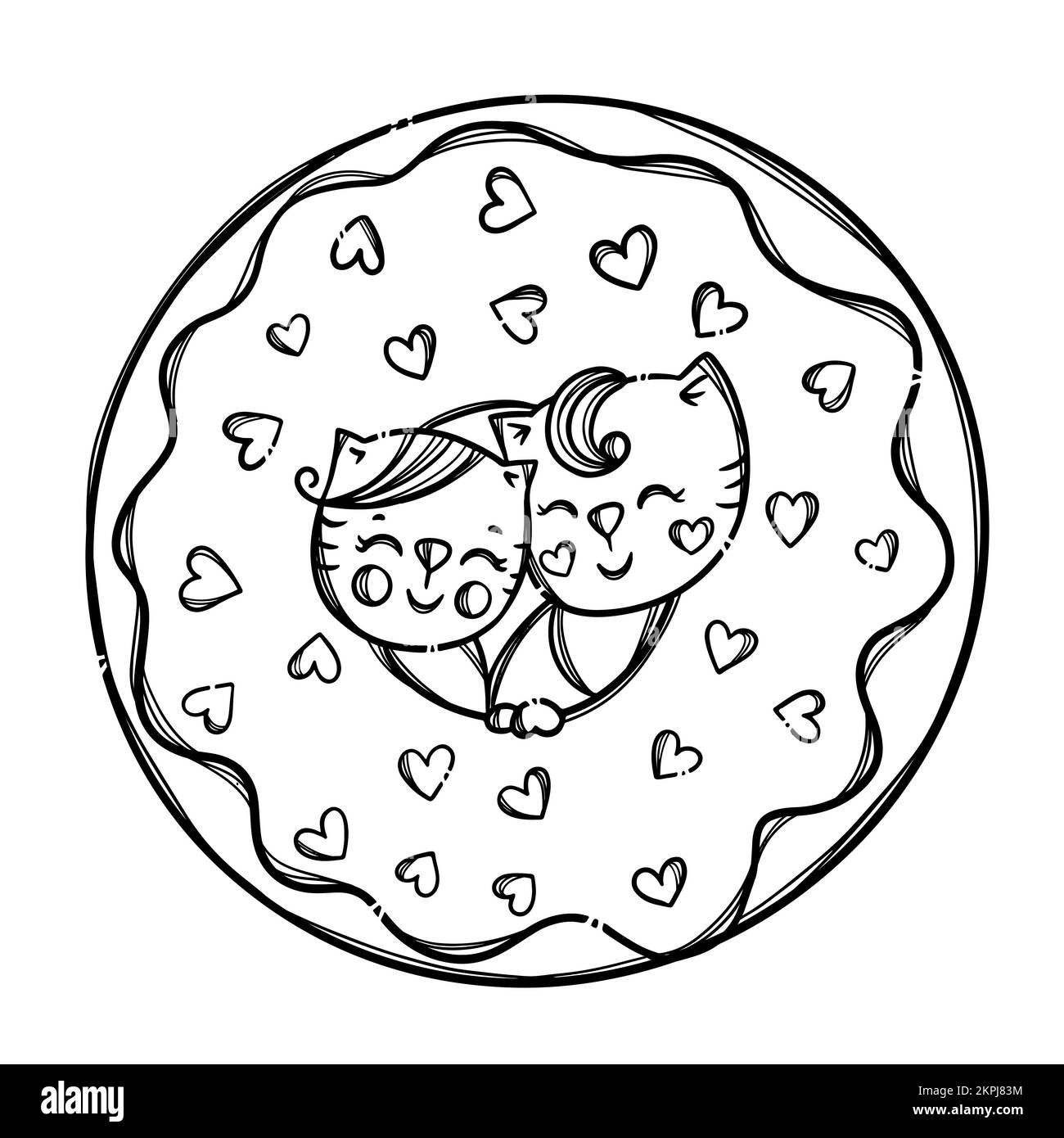 VALENTINE DOUGHNUT niedliche Kätzchen steckten seinen Kopf in Donut Sweet Holiday Cartoon Schwarz-Weiß handgezeichnete Clip Art Vector Illustration für Print Stock Vektor