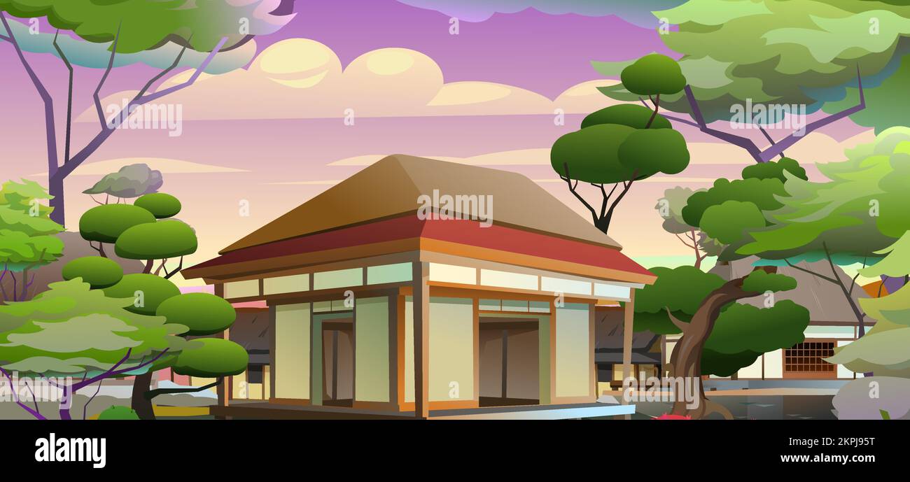 Traditionelles japanisches Haus. Unter Bäumen. Ein kleines Dorf. Ländliches Wohnhaus mit Strohdach. Darstellungsvektor. Stock Vektor