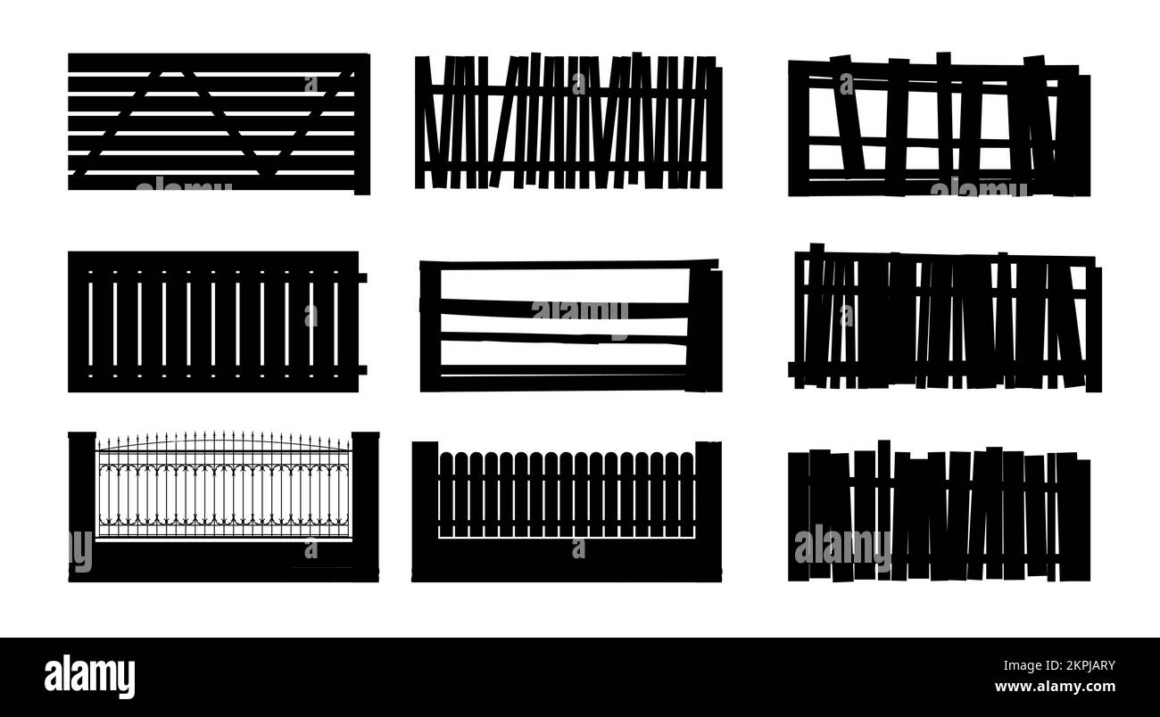 Zaunsatz. Ziegel, Eisen und Holz. Silhouettendesign. Neu und alt. Isoliert auf weißem Hintergrund Vektor. Stock Vektor