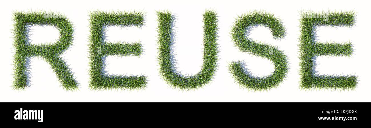 Konzept oder konzeptionelles grünes Gras, das das Wort WIEDERVERWENDET, isoliert auf weißem Hintergrund. 3D Metapher für Recycling, Abfallwirtschaft Stockfoto