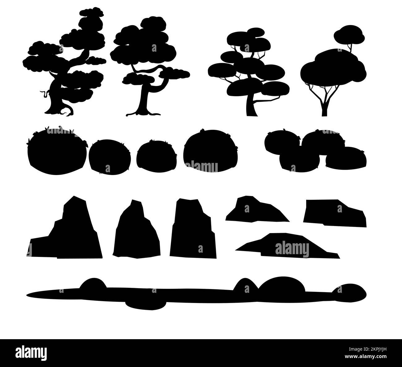 Silhouettendesign. Japanischer Garten und Blumenbeet mit kleinen Bäumen, Steinen und Blumen. Isoliert auf weißem Hintergrund. Darstellungsvektor. Stock Vektor