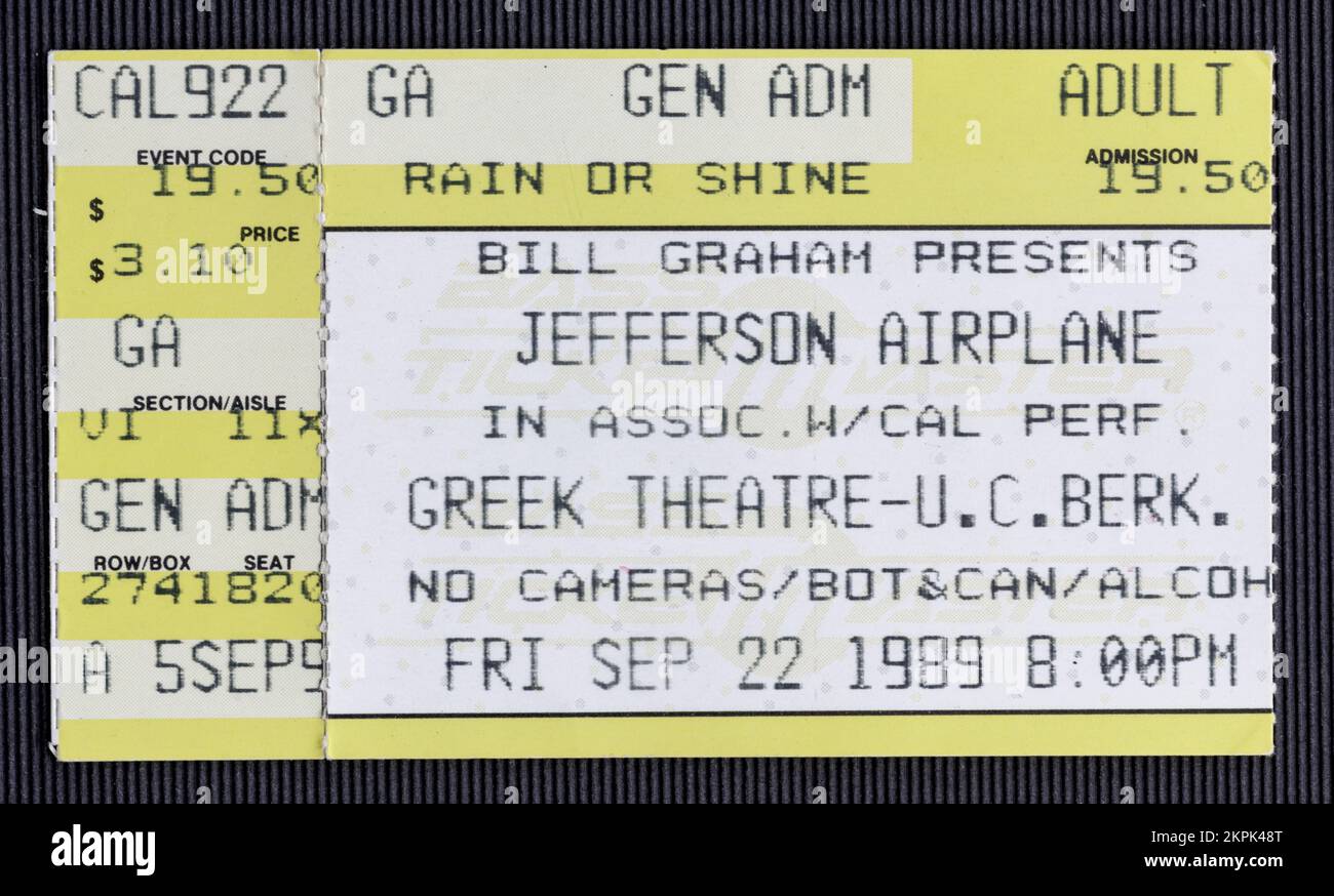 Berkeley, Kalifornien - 22. September 1989 - Ticket-Stub für das Jefferson Airplane Konzert im Greek Theatre - U.C. Berkeley Stockfoto