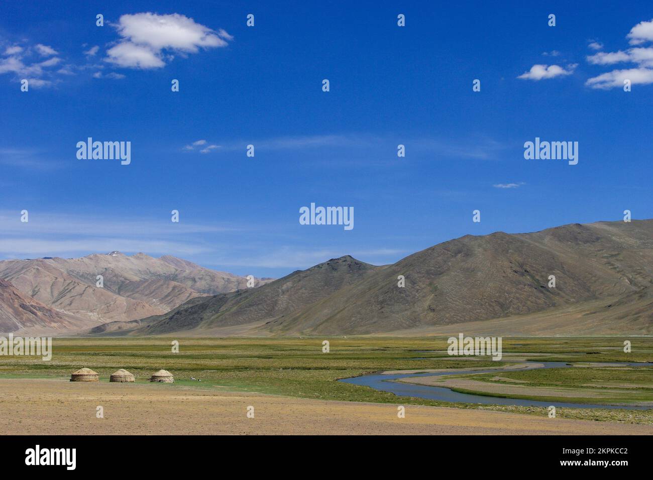 Kirgisische Nomadensyurten auf Sommerweide mit Berghintergrund entlang der hoch gelegenen Pamir Highway in der Nähe von Murghab, Gorno-Badakshan, Tadschikistan Stockfoto