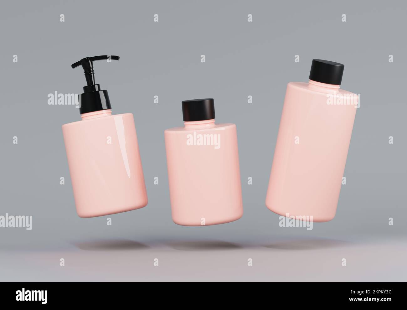 Drei verschiedene rosafarbene Schwimmflaschen aus Kunststoff für kosmetische Mittel auf grauem Hintergrund 3D-Rendern Stockfoto