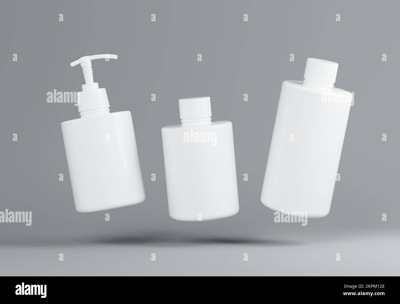 Drei verschiedene schwimmende Flaschen aus weißem Kunststoff für kosmetische Produkte auf grauem Hintergrund 3D-Rendern Stockfoto