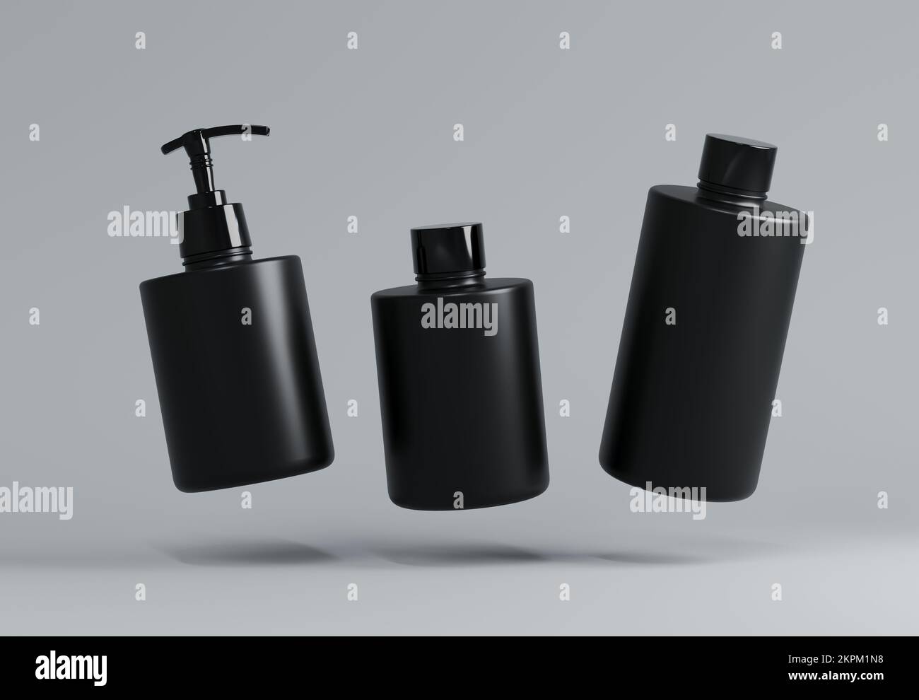 Drei verschiedene schwimmende Flaschen aus schwarzem Kunststoff für kosmetische Produkte auf grauem Hintergrund 3D-Rendern Stockfoto