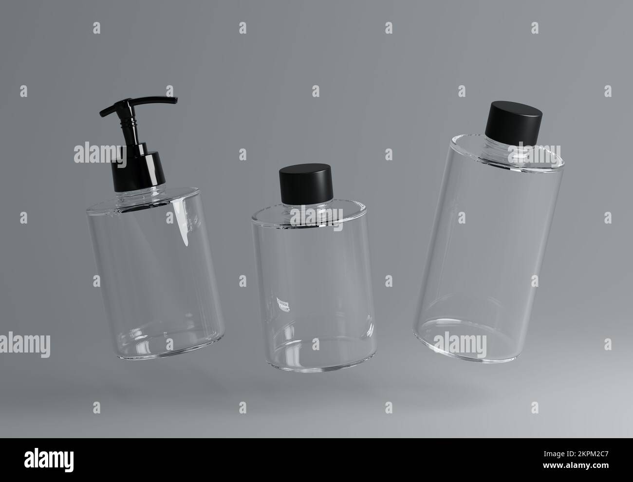 Drei verschiedene Schwimmflaschen aus transparentem Kunststoff für kosmetische Mittel auf grauem Hintergrund 3D-Rendern Stockfoto